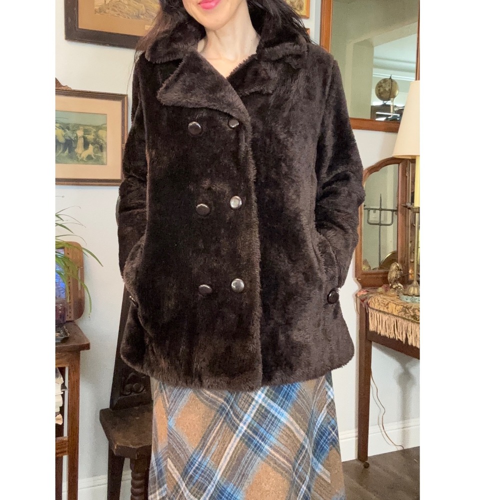 Vintage Glenbroke 60S 70S Dark Brown Faux Fur Double Breasted Teddy Coat Jacket